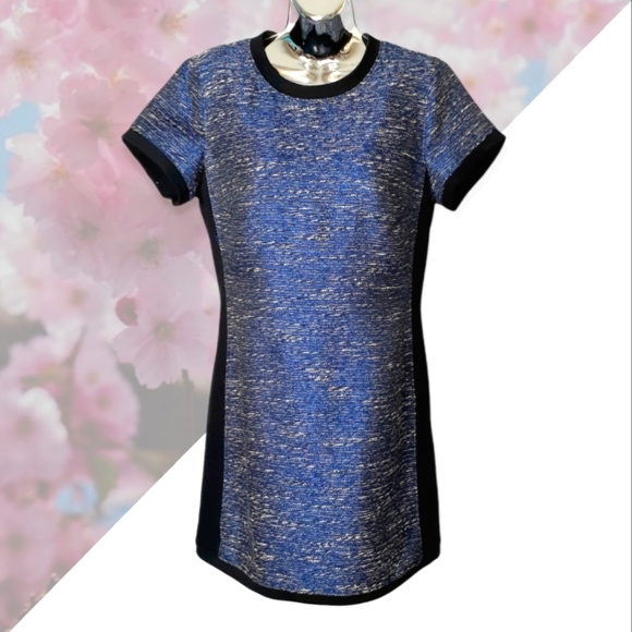 MADEWELL Shimmerweave Blue & Black Colorblock Short Sleeve Sheath Minidress - Picture 2 of 6